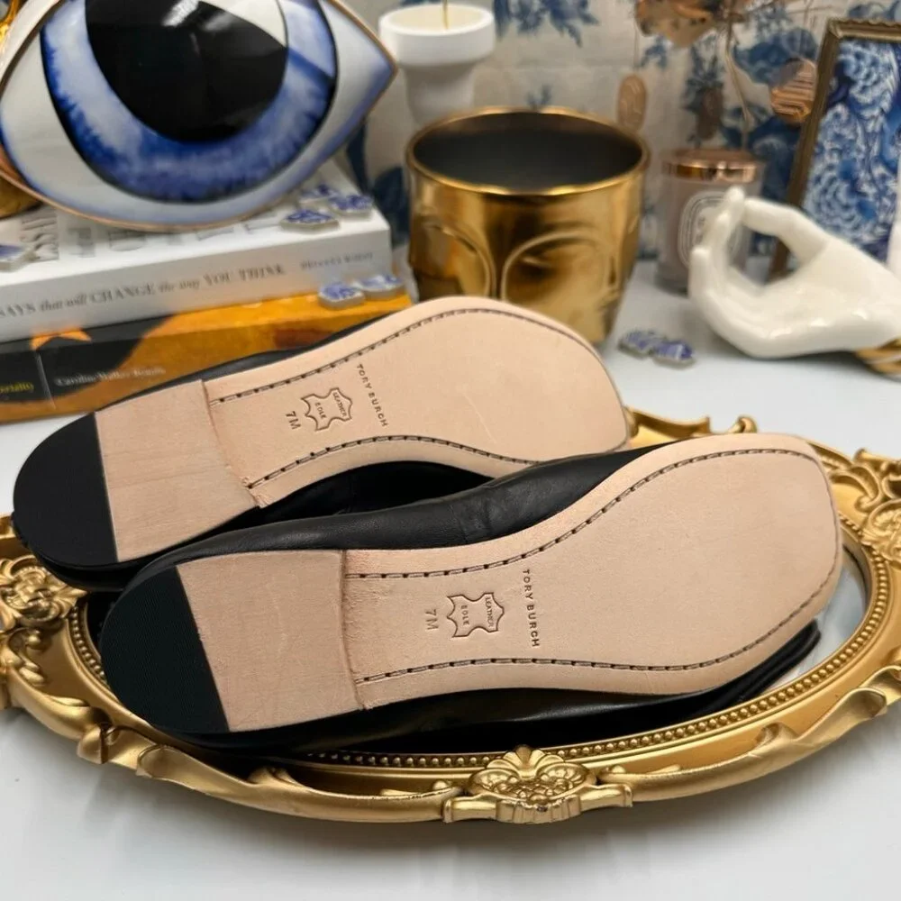 🆕 TORY BURCH 🧿 BNWOB Black Sheepskin Leather Abstract Logo Scrunch Ballet Flat - Picture 10 of 15